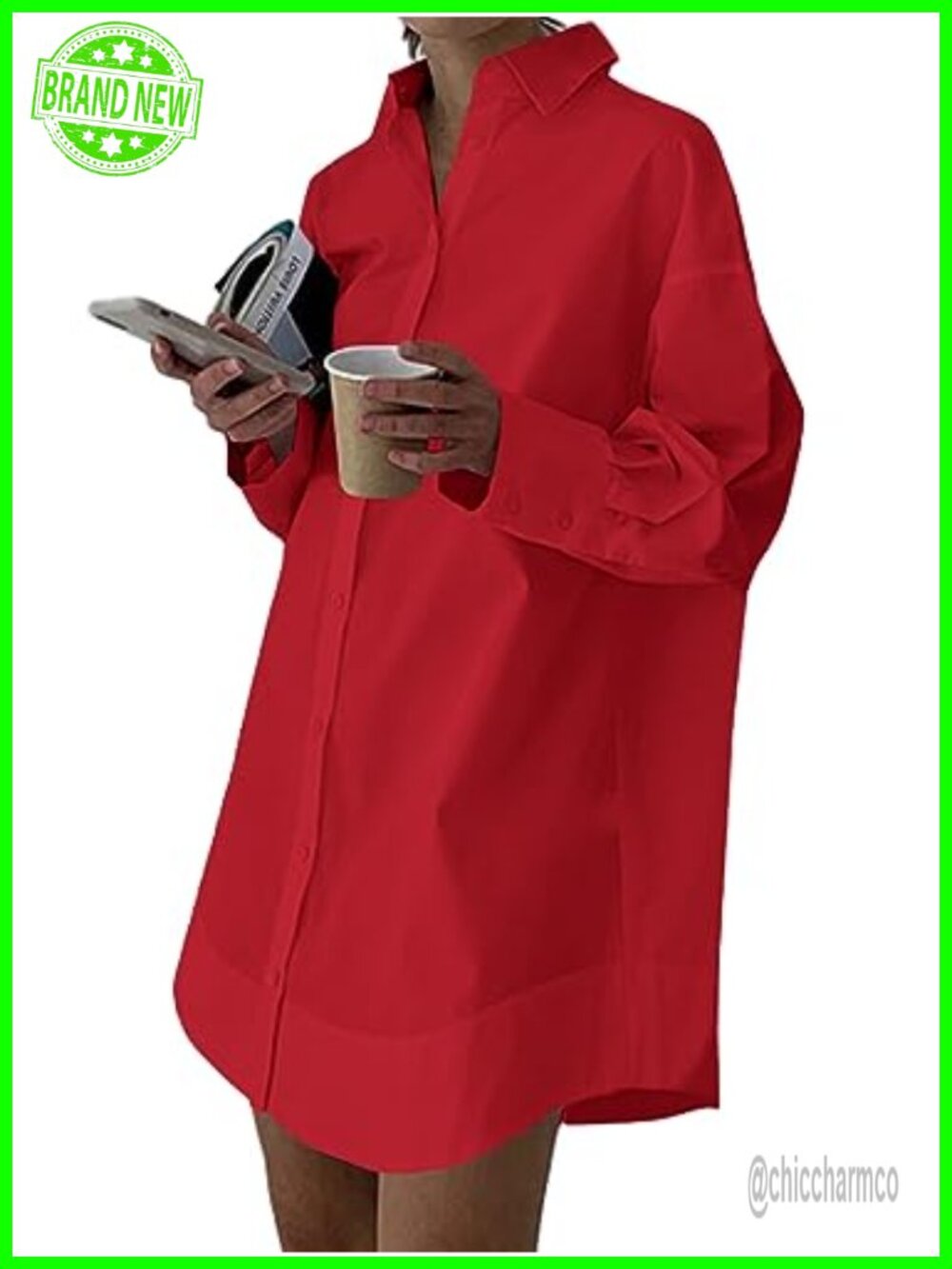 Women's V Neck Button Down Long Sleeve Mini Shirt Dress Collared Casual Loose